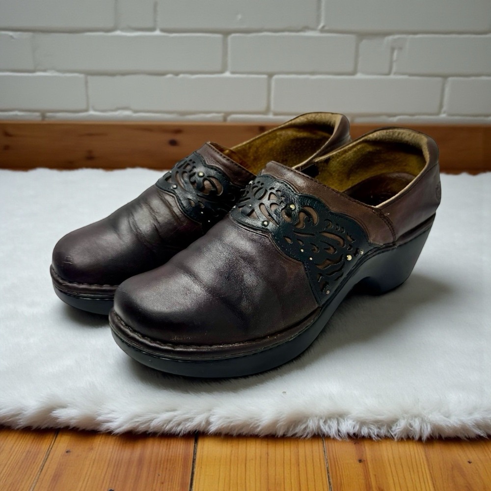 Y2K 🤑Ariat Tambour Brown Leather Studded Clogs Mules Platform Chunky Boho 10